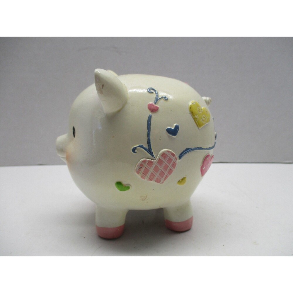 Vintage Small 4" Beige Ceramic Piggy Bank with Heart Designs